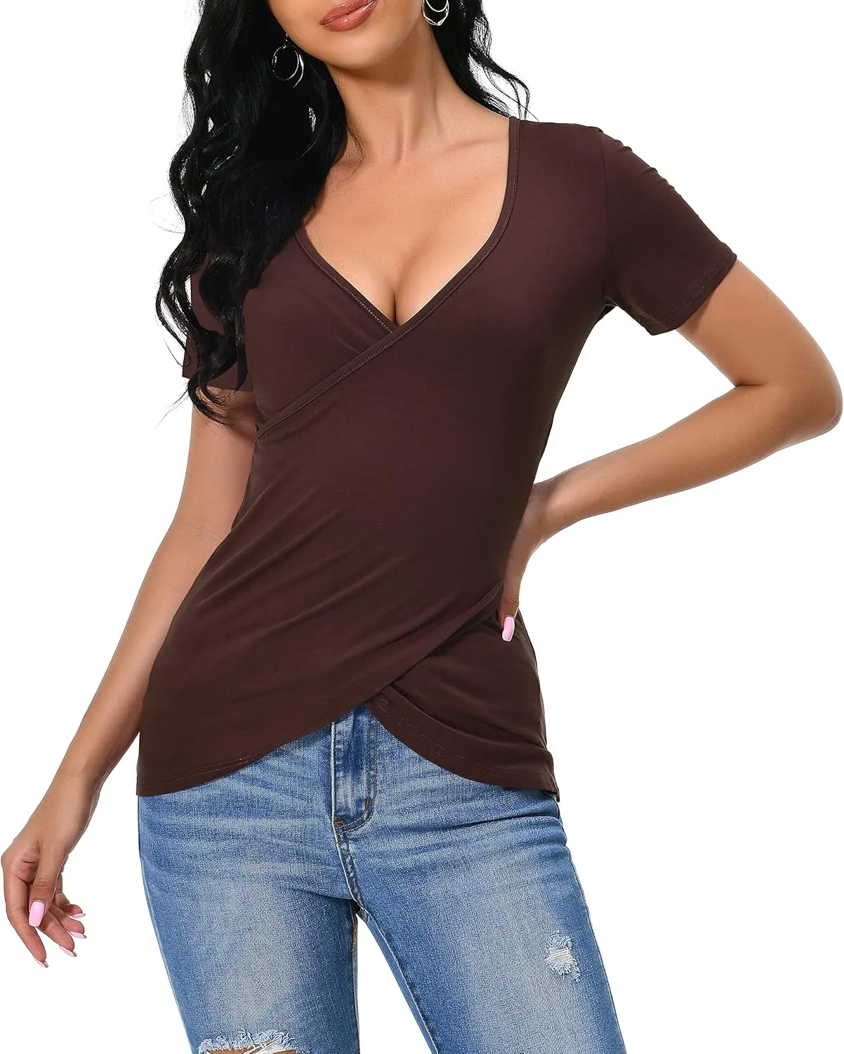 Afibi Women Deep V Neck Low Cut Long Sleeve Slim Shirt Tee Top Blouse
