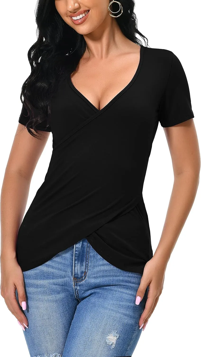 Afibi Women Deep V Neck Low Cut Long Sleeve Slim Shirt Tee Top Blouse