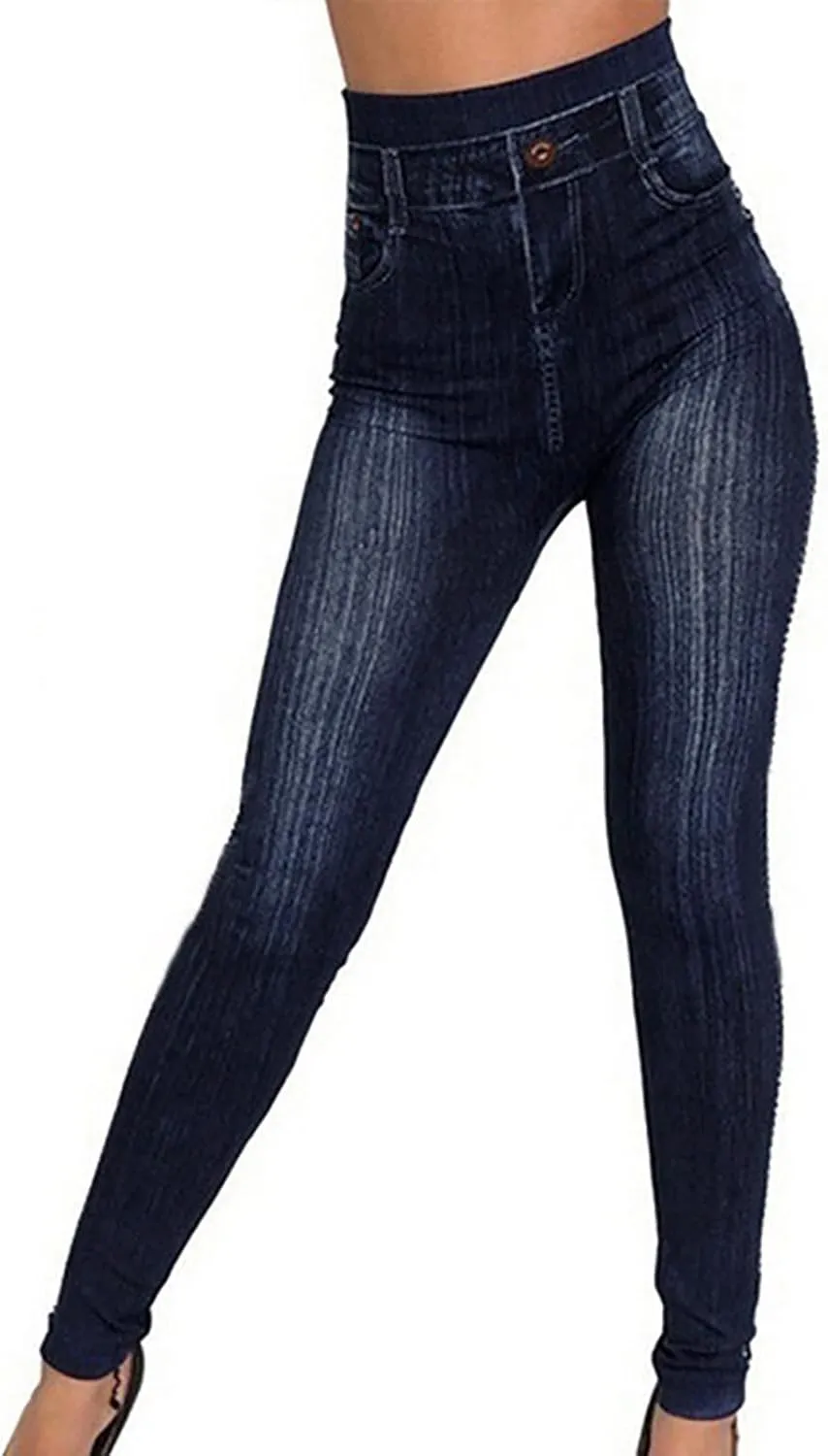 Akklian Denim Leggings High Waisted Tummy Control Jeans with Pockets Seamless Knitted Cotton Lined Slimming Leggings Trousers
