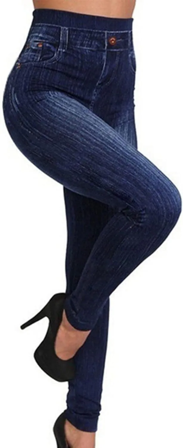 Akklian Denim Leggings High Waisted Tummy Control Jeans with Pockets Seamless Knitted Cotton Lined Slimming Leggings Trousers
