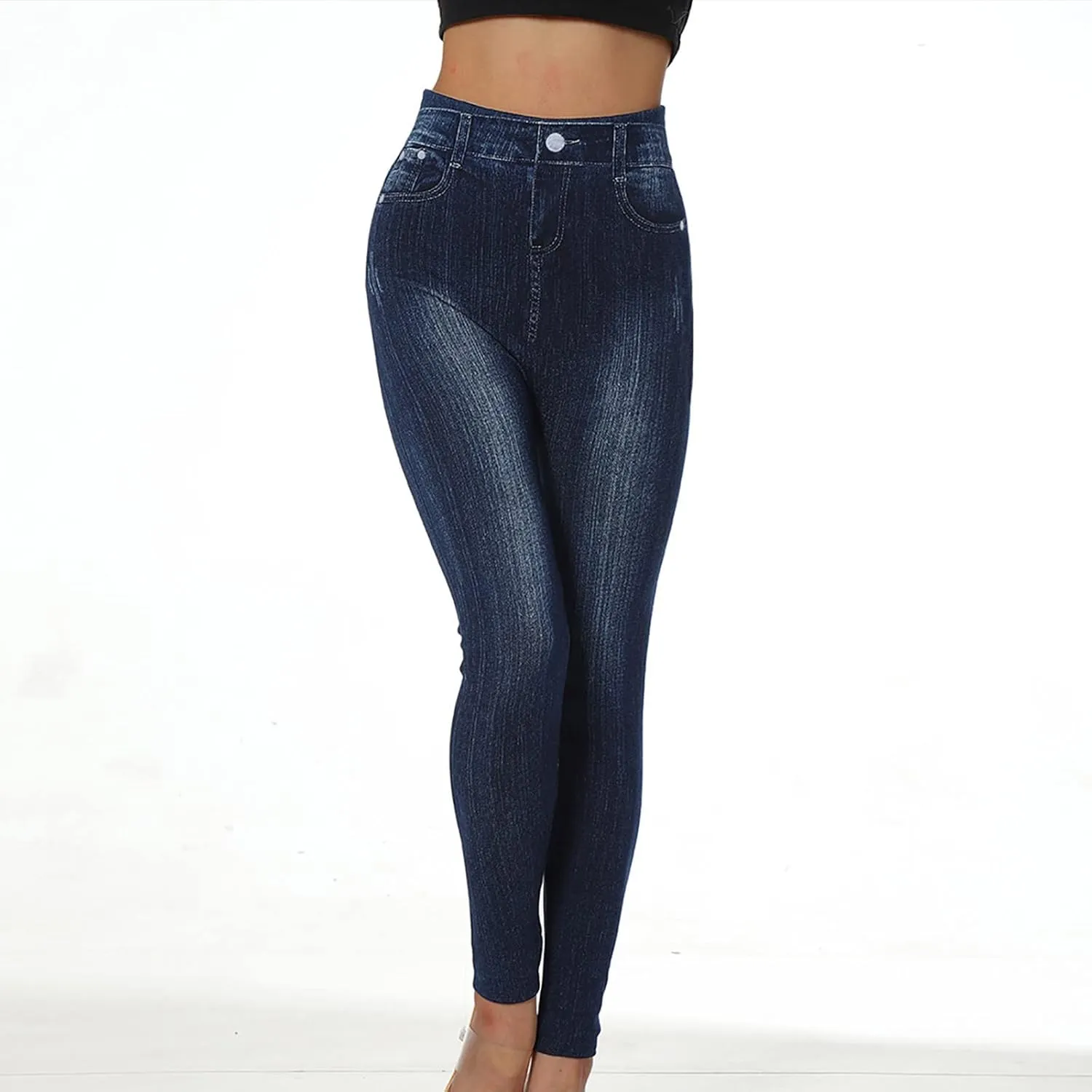 Akklian Denim Leggings High Waisted Tummy Control Jeans with Pockets Seamless Knitted Cotton Lined Slimming Leggings Trousers
