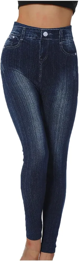 Akklian Denim Leggings High Waisted Tummy Control Jeans with Pockets Seamless Knitted Cotton Lined Slimming Leggings Trousers