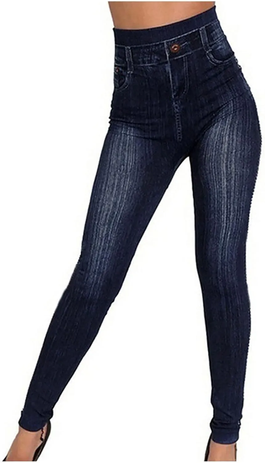 Akklian Denim Leggings High Waisted Tummy Control Jeans with Pockets Seamless Knitted Cotton Lined Slimming Leggings Trousers