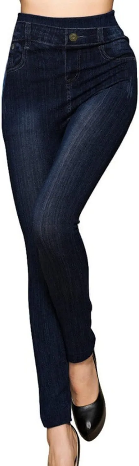 Akklian Denim Leggings High Waisted Tummy Control Jeans with Pockets Seamless Knitted Cotton Lined Slimming Leggings Trousers