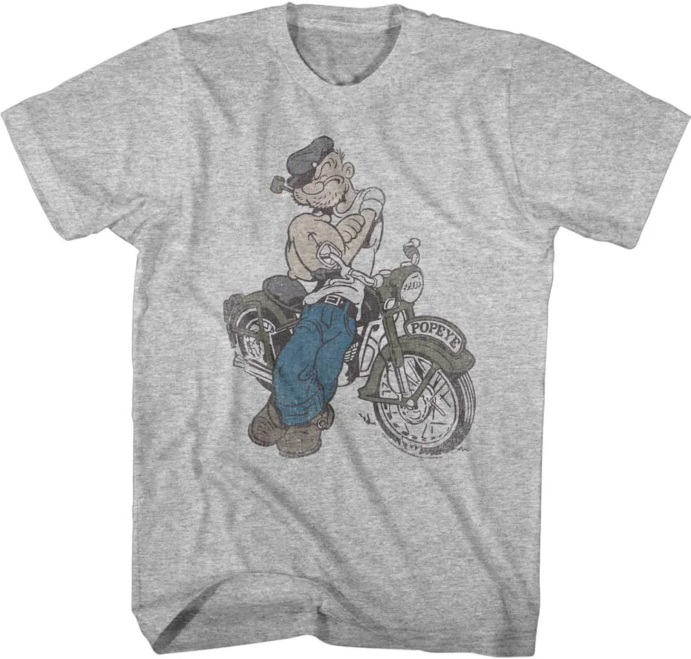 American Classics Popeye The Sailor Man Cartoon in Front of Motorcycle Sketch Adult Short Sleeve Graphic T-Shirt