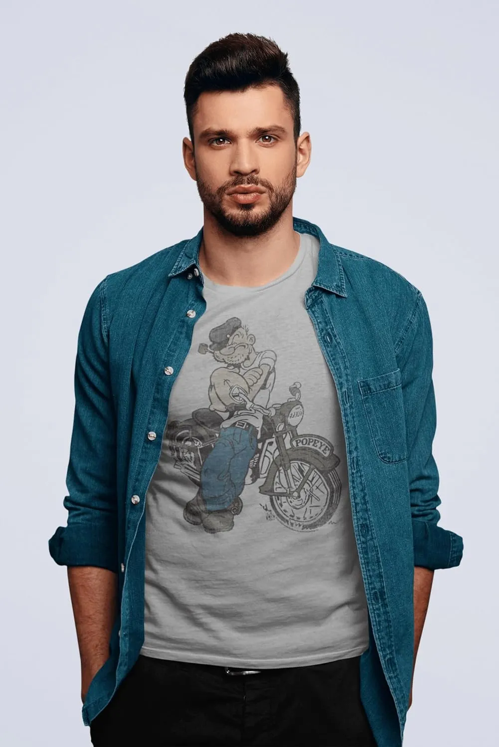 American Classics Popeye The Sailor Man Cartoon in Front of Motorcycle Sketch Adult Short Sleeve Graphic T-Shirt