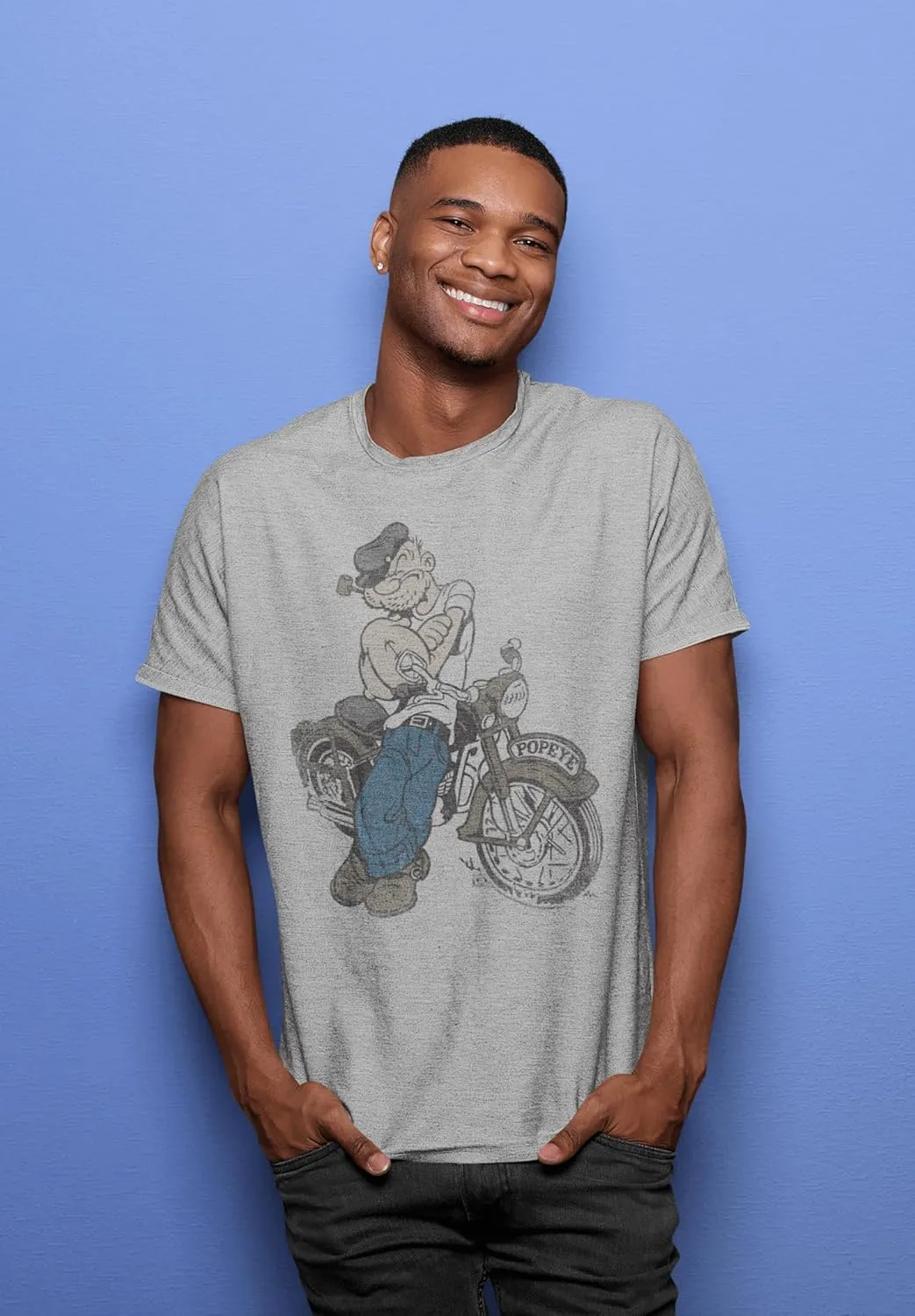 American Classics Popeye The Sailor Man Cartoon in Front of Motorcycle Sketch Adult Short Sleeve Graphic T-Shirt
