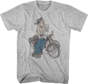 American Classics Popeye The Sailor Man Cartoon in Front of Motorcycle Sketch Adult Short Sleeve Graphic T-Shirt