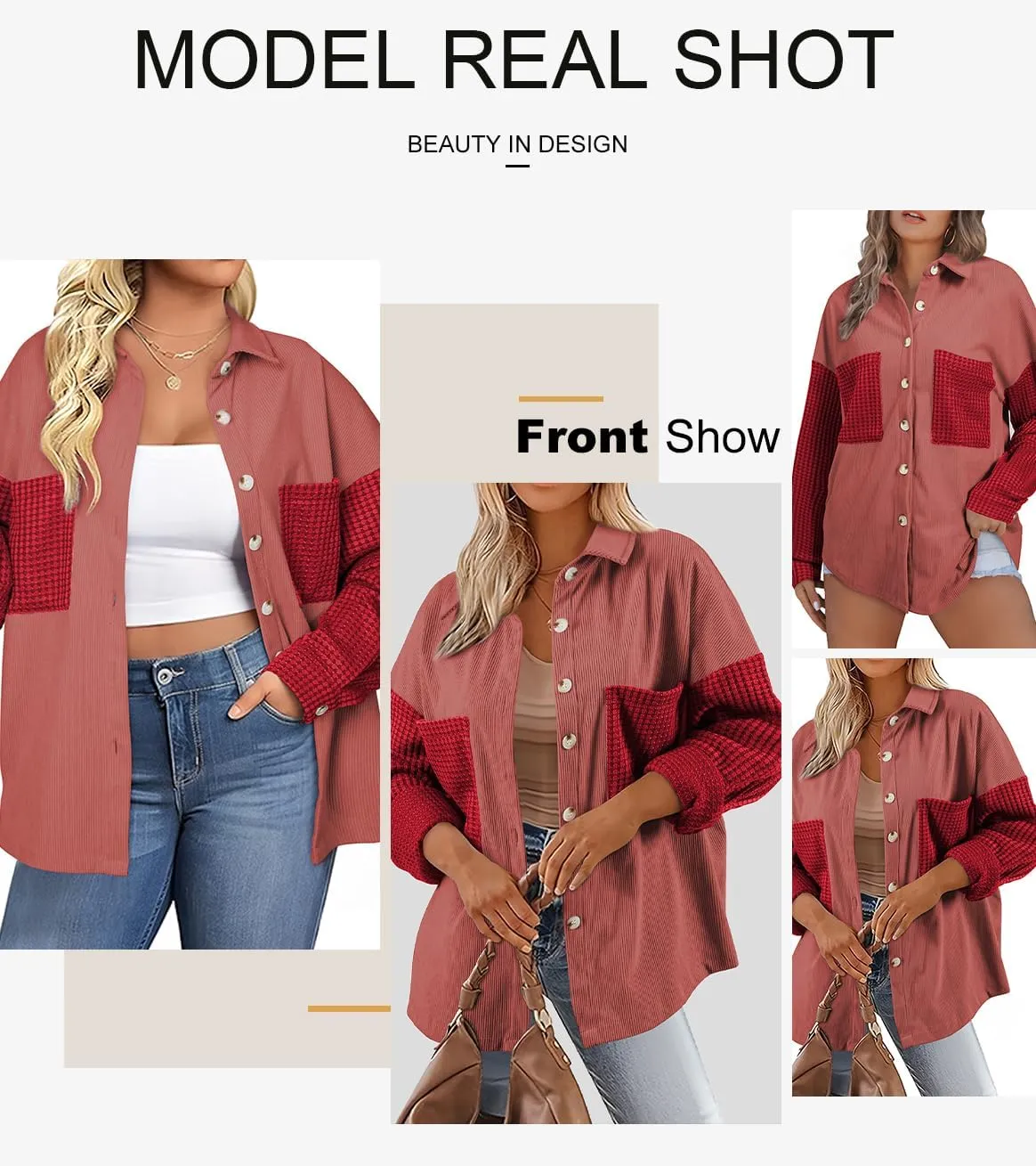 Astylish Womens 2024 Corduroy Shacket Color Block Waffle Jackets Casual Long Sleeve Button Down Shirts Coat
