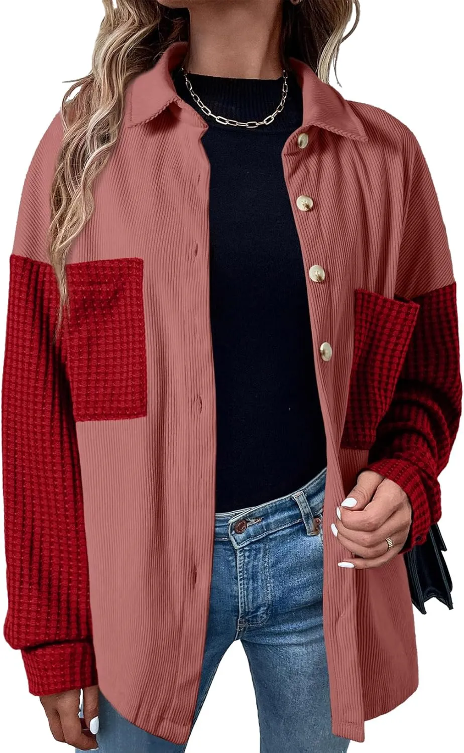 Astylish Womens 2024 Corduroy Shacket Color Block Waffle Jackets Casual Long Sleeve Button Down Shirts Coat
