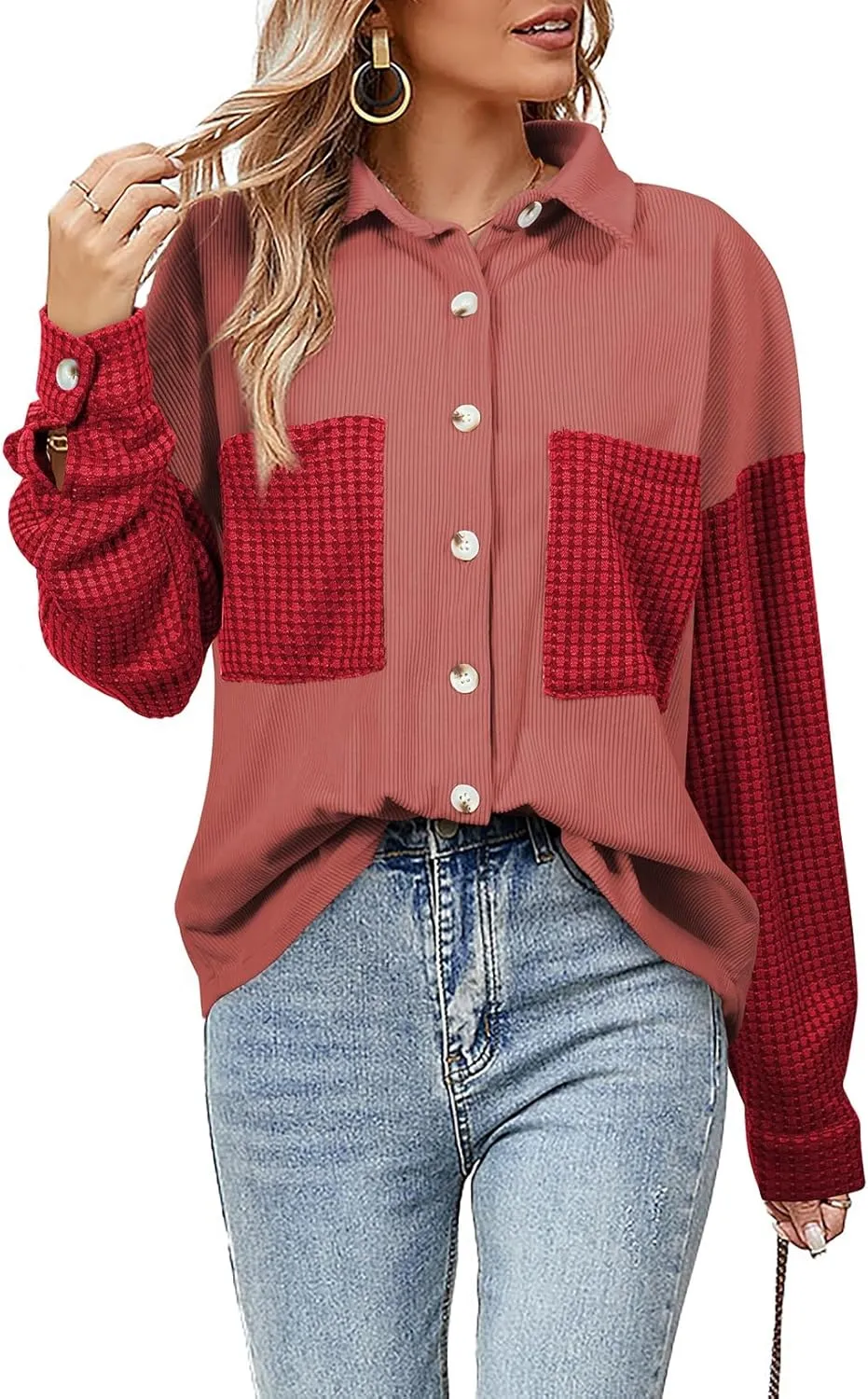 Astylish Womens 2024 Corduroy Shacket Color Block Waffle Jackets Casual Long Sleeve Button Down Shirts Coat