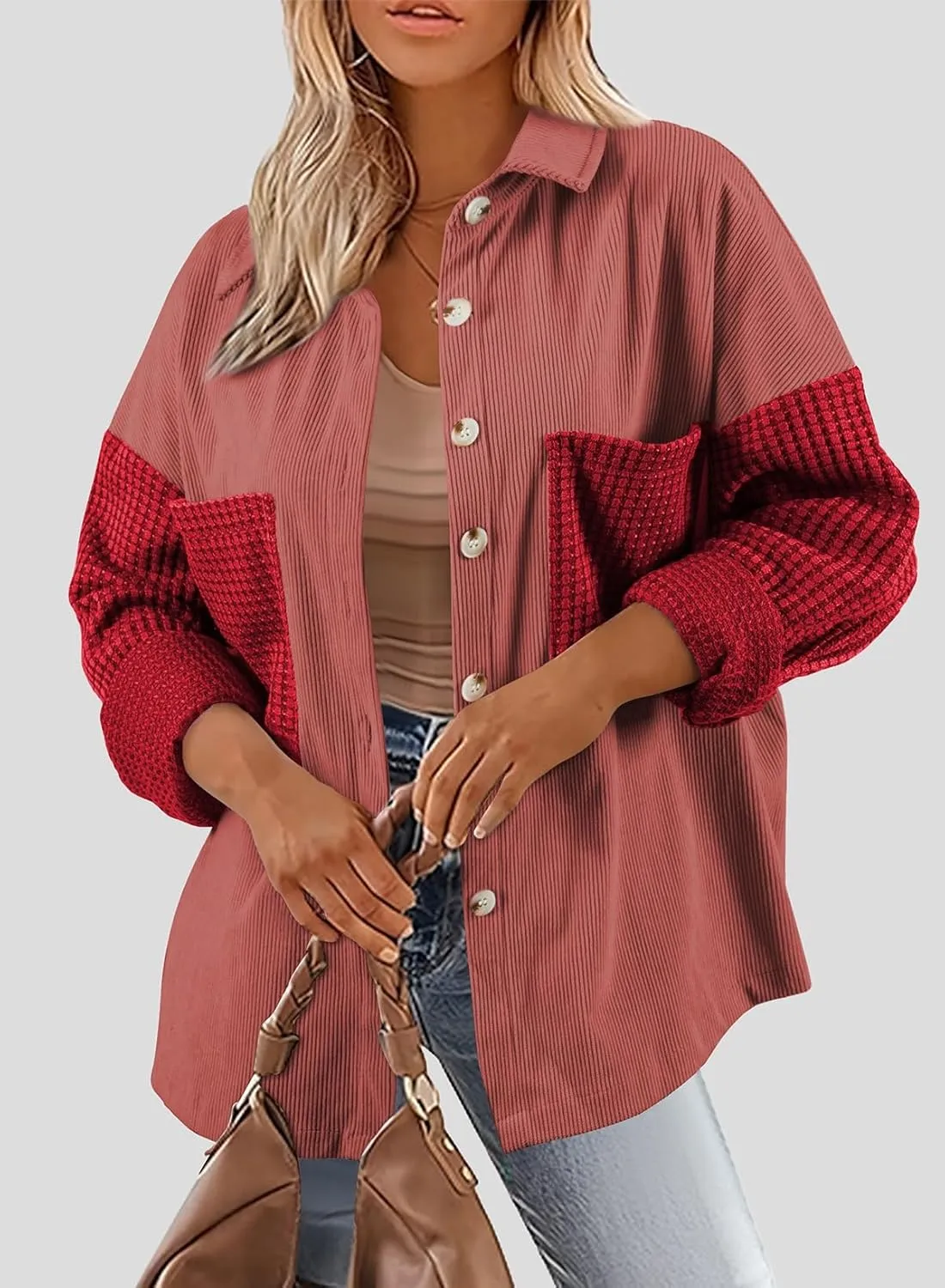 Astylish Womens 2024 Corduroy Shacket Color Block Waffle Jackets Casual Long Sleeve Button Down Shirts Coat