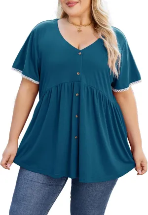 Beauhuty Women's Plus Size Shirts V Neck Button Front Tops Lace Ruffle Short Sleeve Blouse Casual Flowy Pleated Tunic Summer