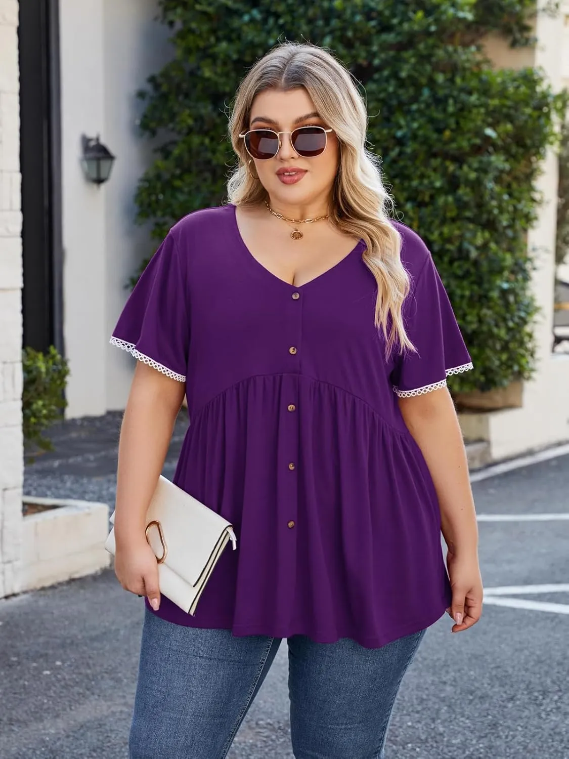 Beauhuty Women's Plus Size Shirts V Neck Button Front Tops Lace Ruffle Short Sleeve Blouse Casual Flowy Pleated Tunic Summer