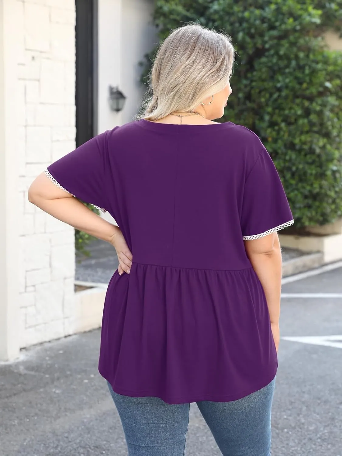 Beauhuty Women's Plus Size Shirts V Neck Button Front Tops Lace Ruffle Short Sleeve Blouse Casual Flowy Pleated Tunic Summer