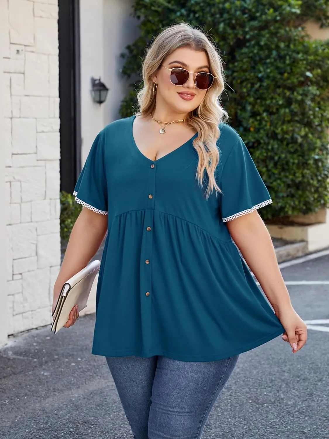 Beauhuty Women's Plus Size Shirts V Neck Button Front Tops Lace Ruffle Short Sleeve Blouse Casual Flowy Pleated Tunic Summer