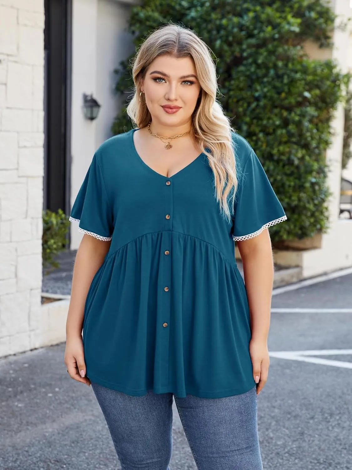 Beauhuty Women's Plus Size Shirts V Neck Button Front Tops Lace Ruffle Short Sleeve Blouse Casual Flowy Pleated Tunic Summer