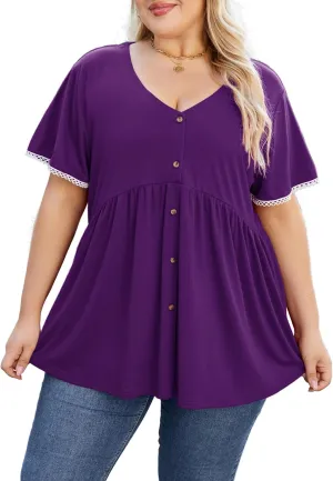 Beauhuty Women's Plus Size Shirts V Neck Button Front Tops Lace Ruffle Short Sleeve Blouse Casual Flowy Pleated Tunic Summer