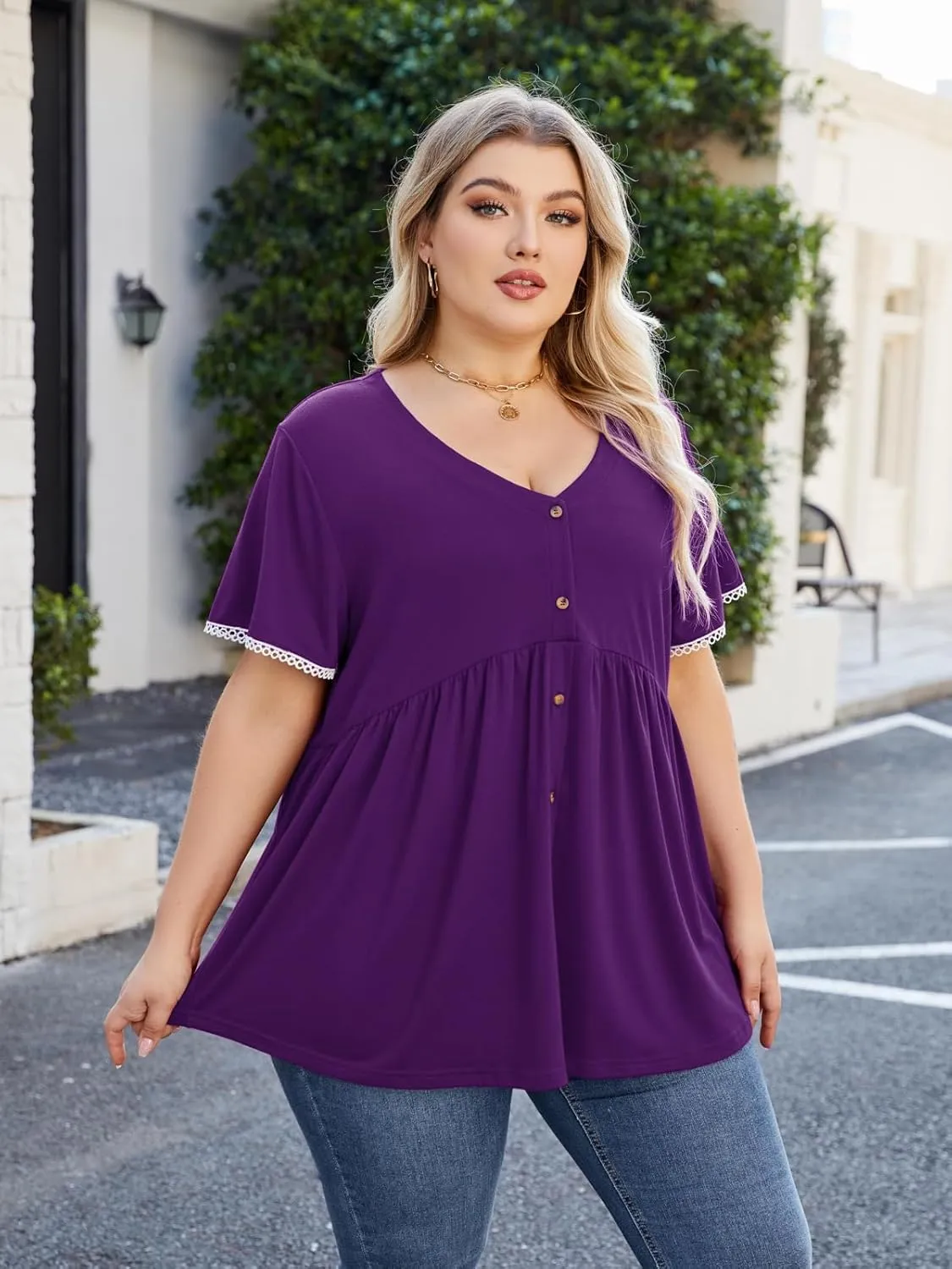 Beauhuty Women's Plus Size Shirts V Neck Button Front Tops Lace Ruffle Short Sleeve Blouse Casual Flowy Pleated Tunic Summer