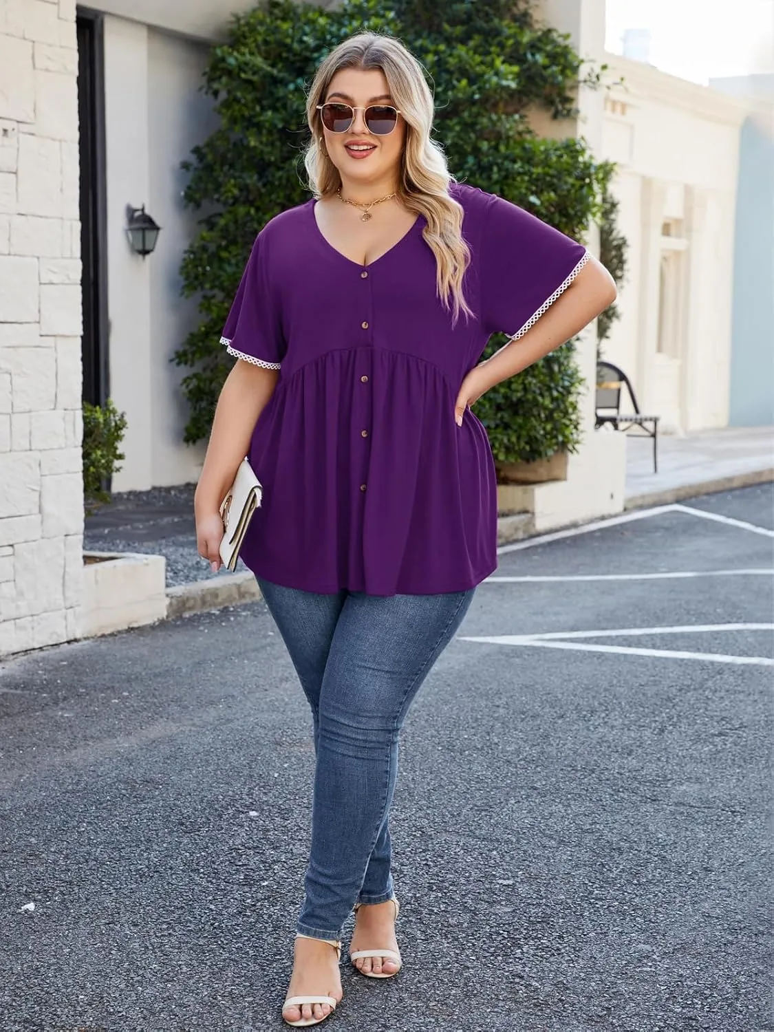 Beauhuty Women's Plus Size Shirts V Neck Button Front Tops Lace Ruffle Short Sleeve Blouse Casual Flowy Pleated Tunic Summer