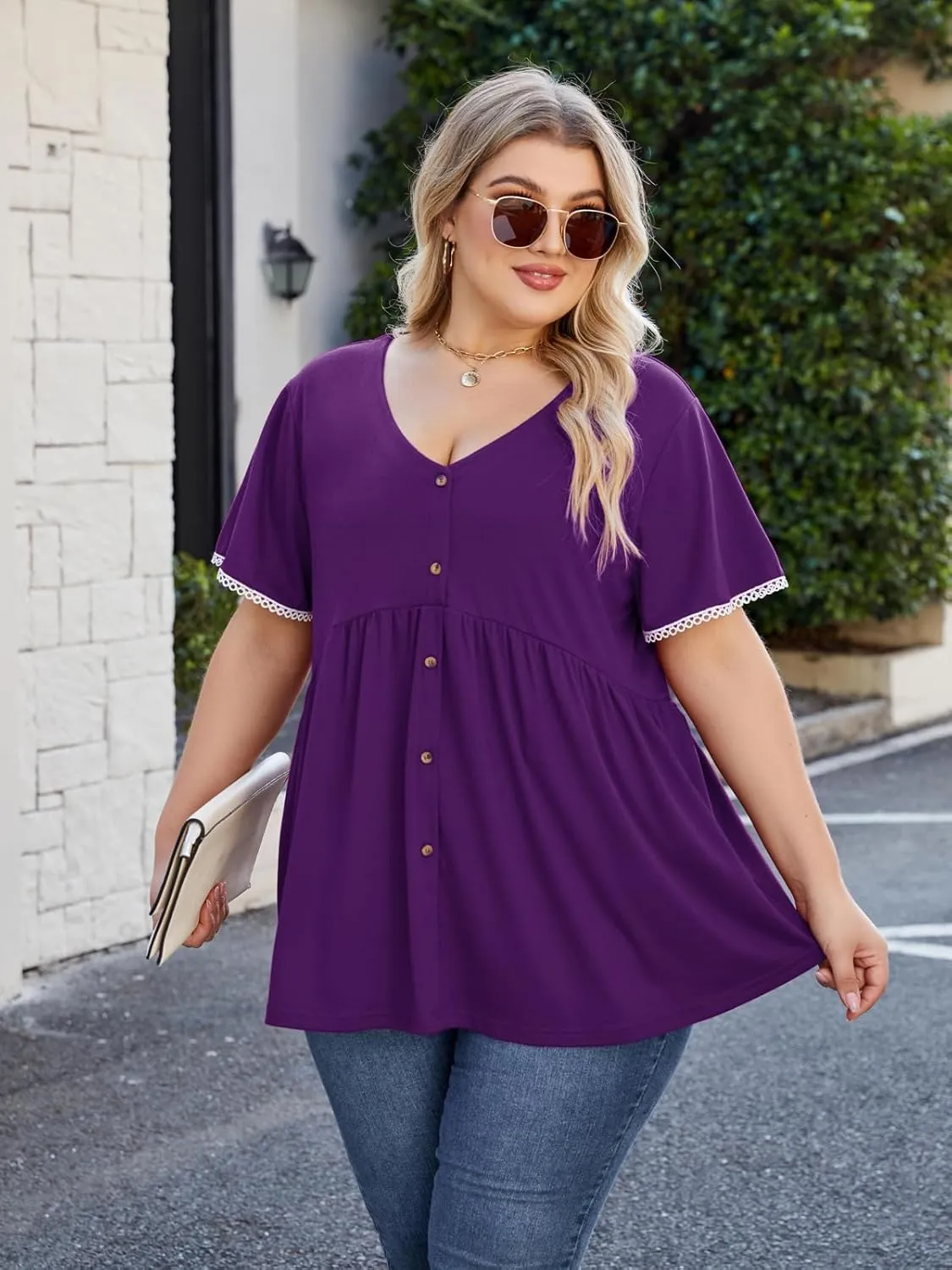 Beauhuty Women's Plus Size Shirts V Neck Button Front Tops Lace Ruffle Short Sleeve Blouse Casual Flowy Pleated Tunic Summer