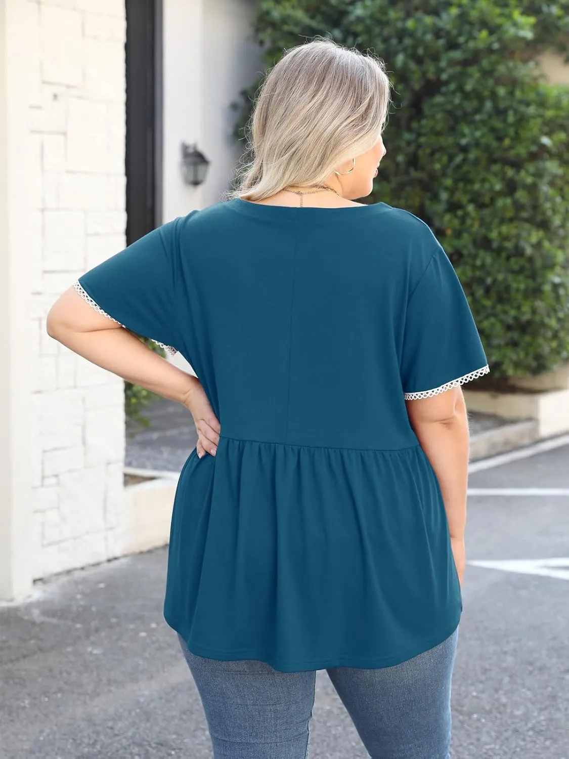 Beauhuty Women's Plus Size Shirts V Neck Button Front Tops Lace Ruffle Short Sleeve Blouse Casual Flowy Pleated Tunic Summer