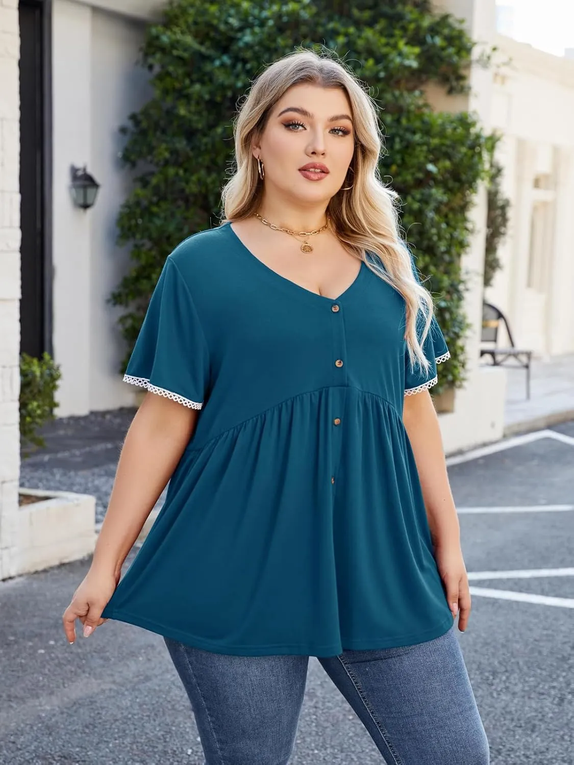 Beauhuty Women's Plus Size Shirts V Neck Button Front Tops Lace Ruffle Short Sleeve Blouse Casual Flowy Pleated Tunic Summer
