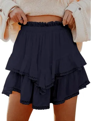 Boho Mini Skirts for Women Summer Flowy Elastic High Waist Tiered Ruffle Hem Skorts Casual Fashion Lace Beach Skirts