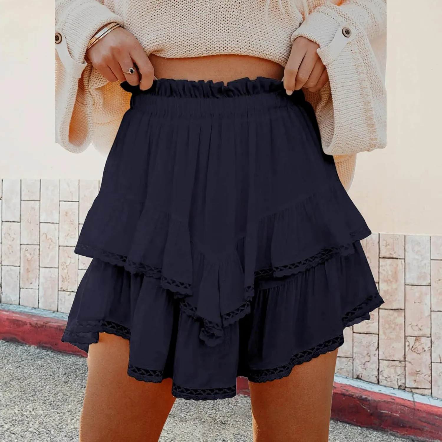 Boho Mini Skirts for Women Summer Flowy Elastic High Waist Tiered Ruffle Hem Skorts Casual Fashion Lace Beach Skirts
