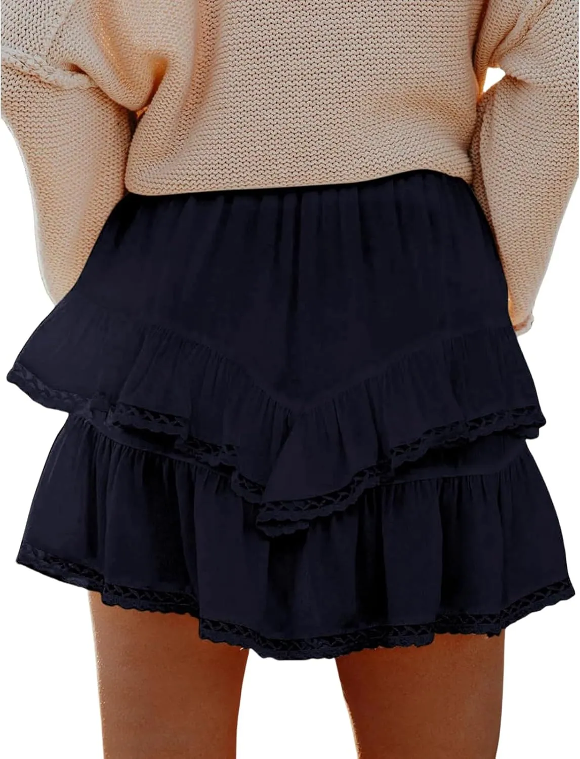 Boho Mini Skirts for Women Summer Flowy Elastic High Waist Tiered Ruffle Hem Skorts Casual Fashion Lace Beach Skirts