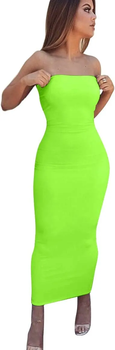 BORIFLORS Women's Basic Sleeveless Tube Top Sexy Strapless Bodycon Midi Club Dress