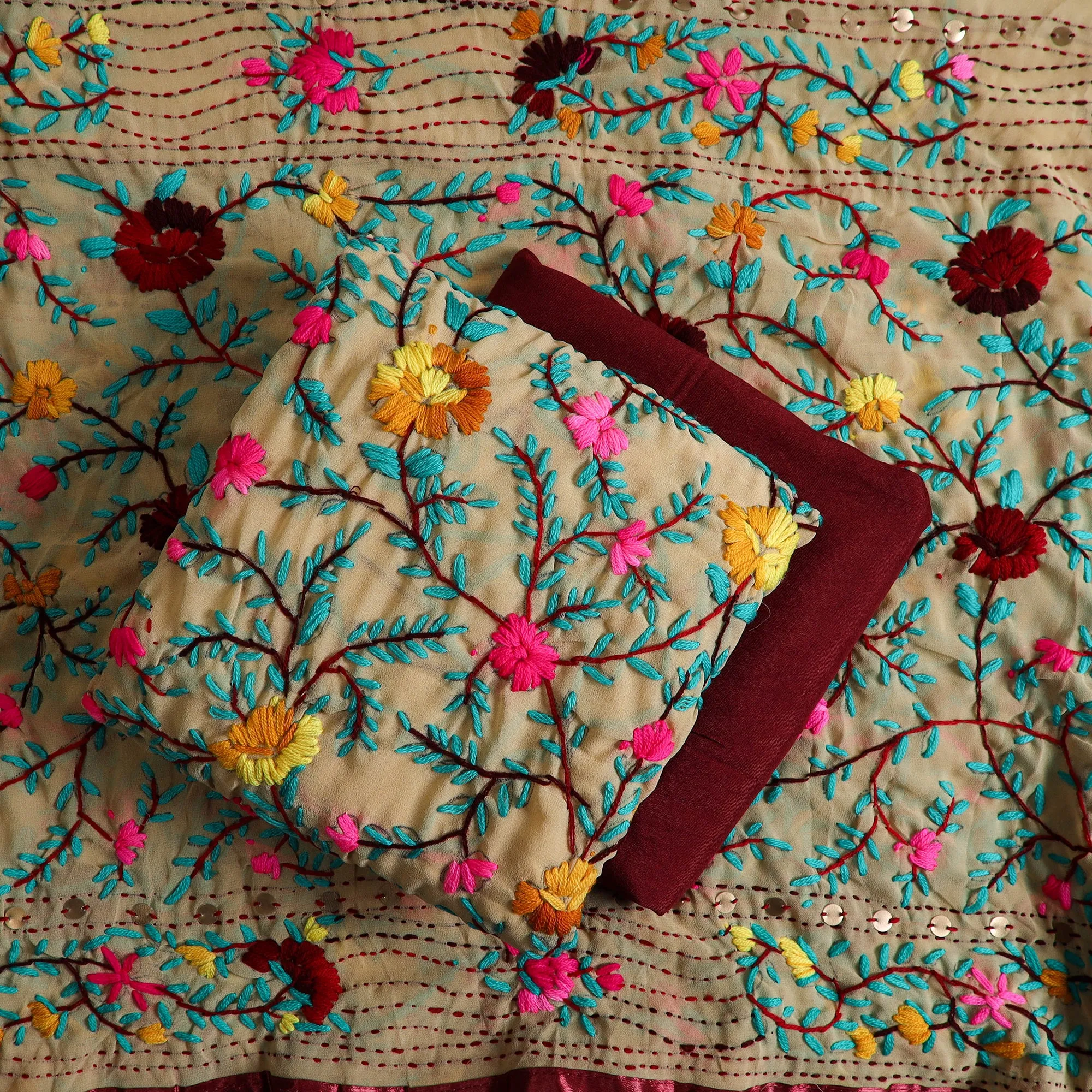 Brown - 3pc Hand Embroidery Georgette Phulkari Dress Material 40