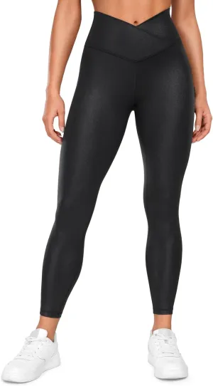 CRZ YOGA Womens Butterluxe Matte Faux Leather Cross Waist Leggings 25" - V Crossover High Waisted Lounge