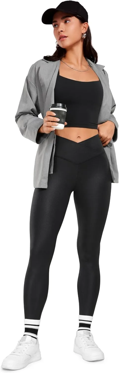 CRZ YOGA Womens Butterluxe Matte Faux Leather Cross Waist Leggings 25" - V Crossover High Waisted Lounge