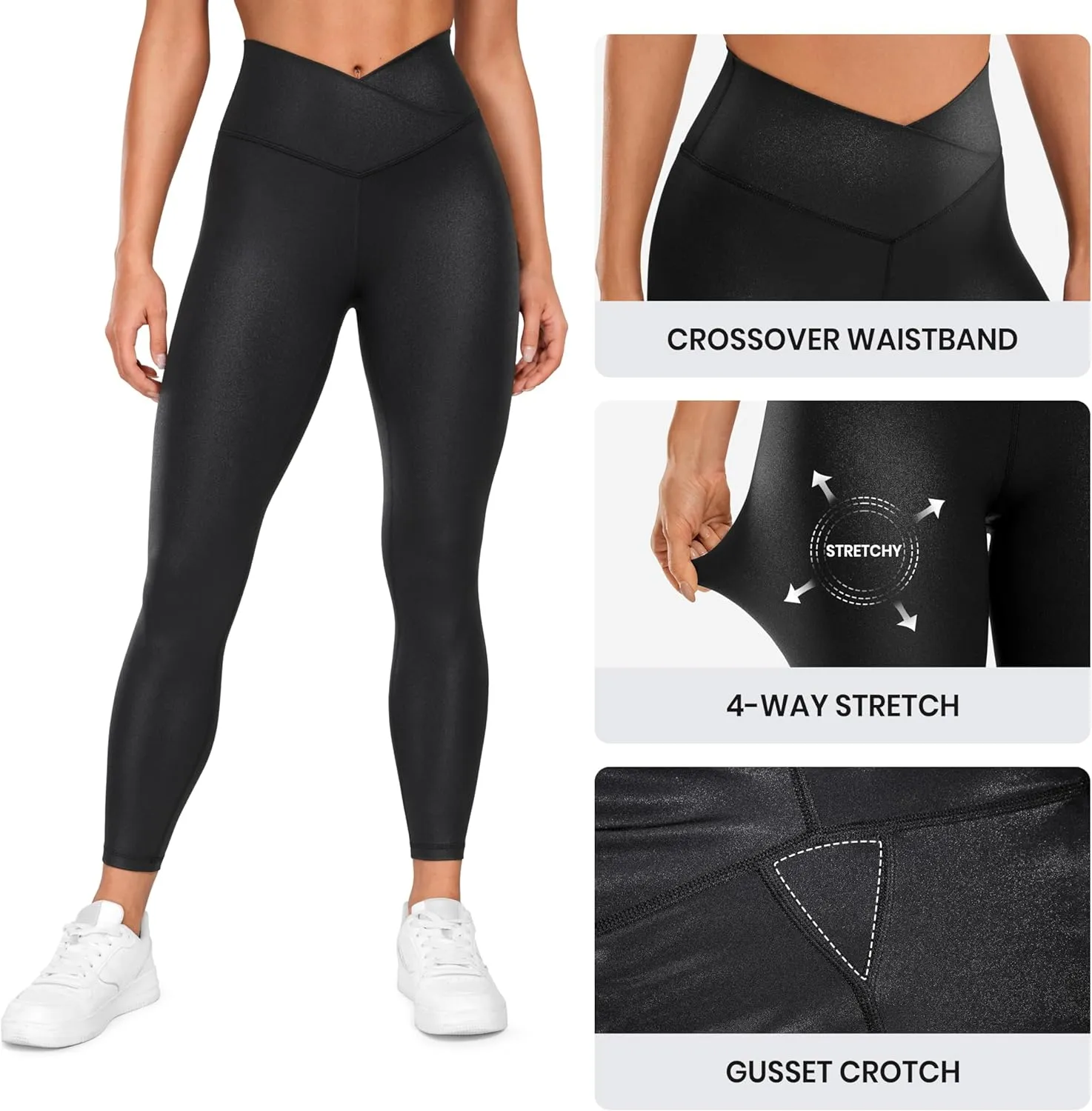CRZ YOGA Womens Butterluxe Matte Faux Leather Cross Waist Leggings 25" - V Crossover High Waisted Lounge