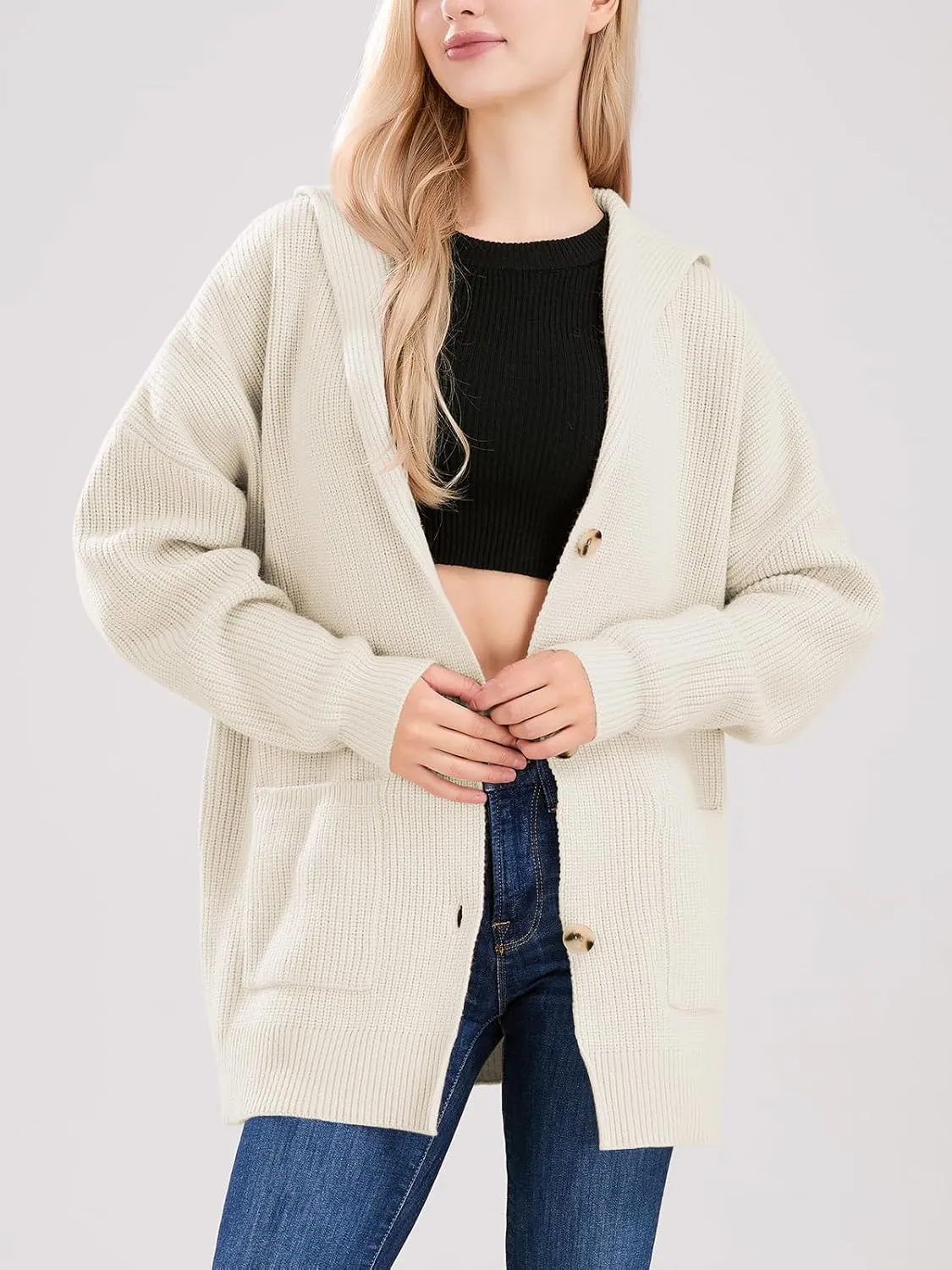 ebossy Women's Oversized Sailor Collar Button Cardigans Chunky Knit Long Sleeve Slouchy Sweaters Coat with Pockets