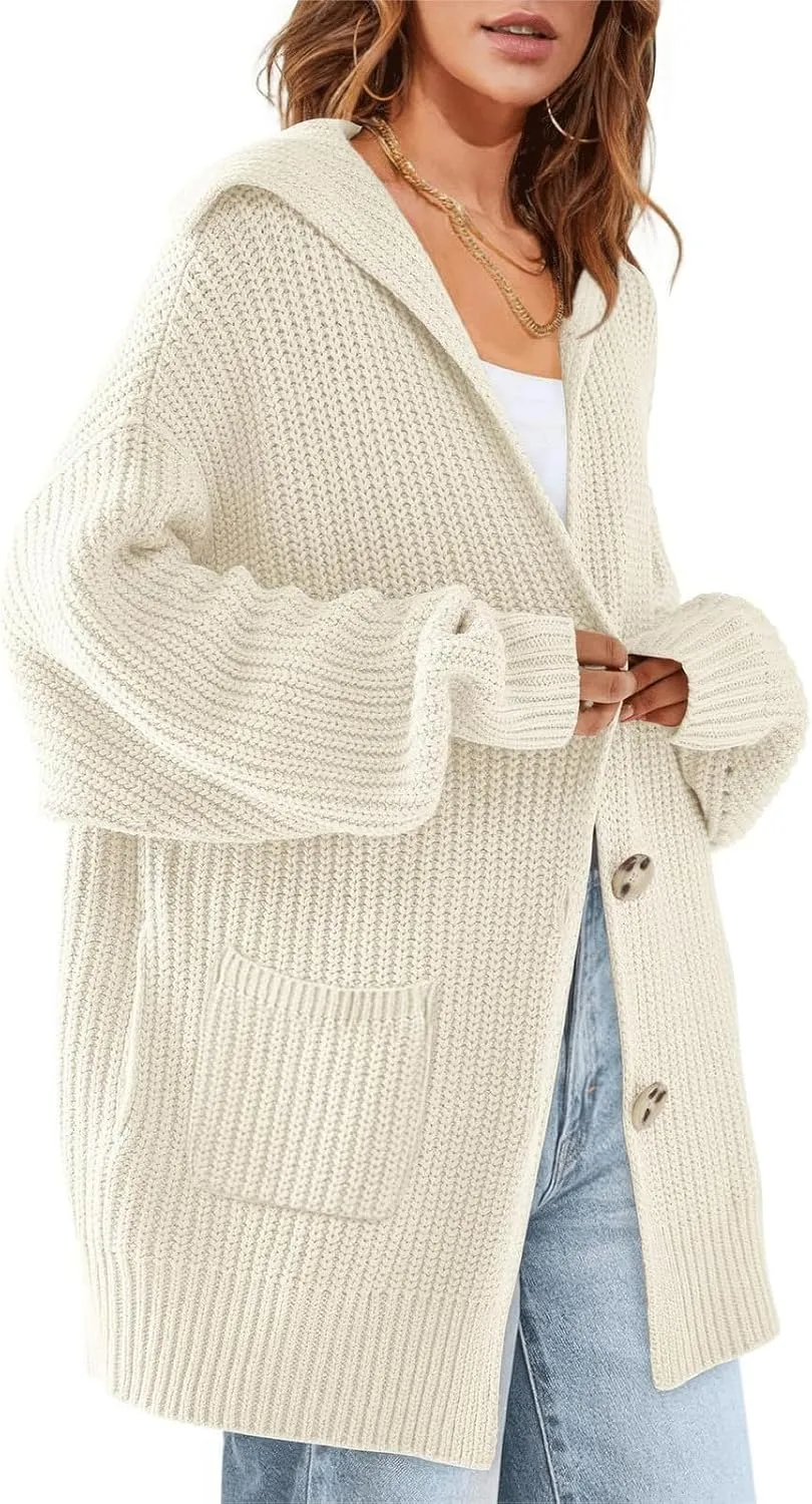 ebossy Women's Oversized Sailor Collar Button Cardigans Chunky Knit Long Sleeve Slouchy Sweaters Coat with Pockets