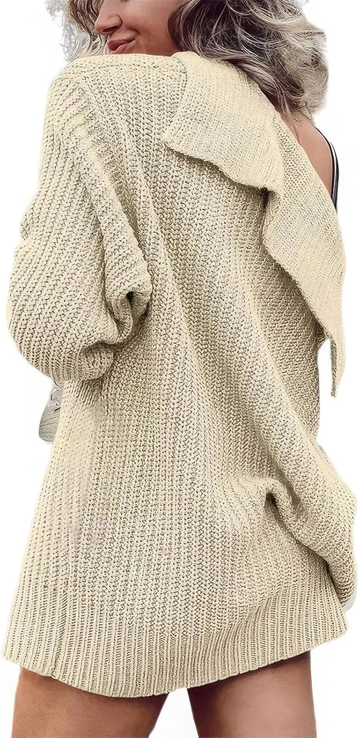 ebossy Women's Oversized Sailor Collar Button Cardigans Chunky Knit Long Sleeve Slouchy Sweaters Coat with Pockets