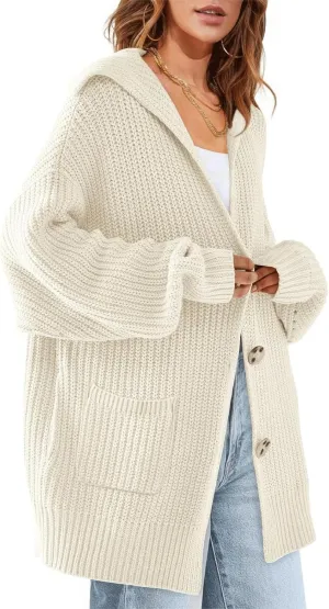 ebossy Women's Oversized Sailor Collar Button Cardigans Chunky Knit Long Sleeve Slouchy Sweaters Coat with Pockets