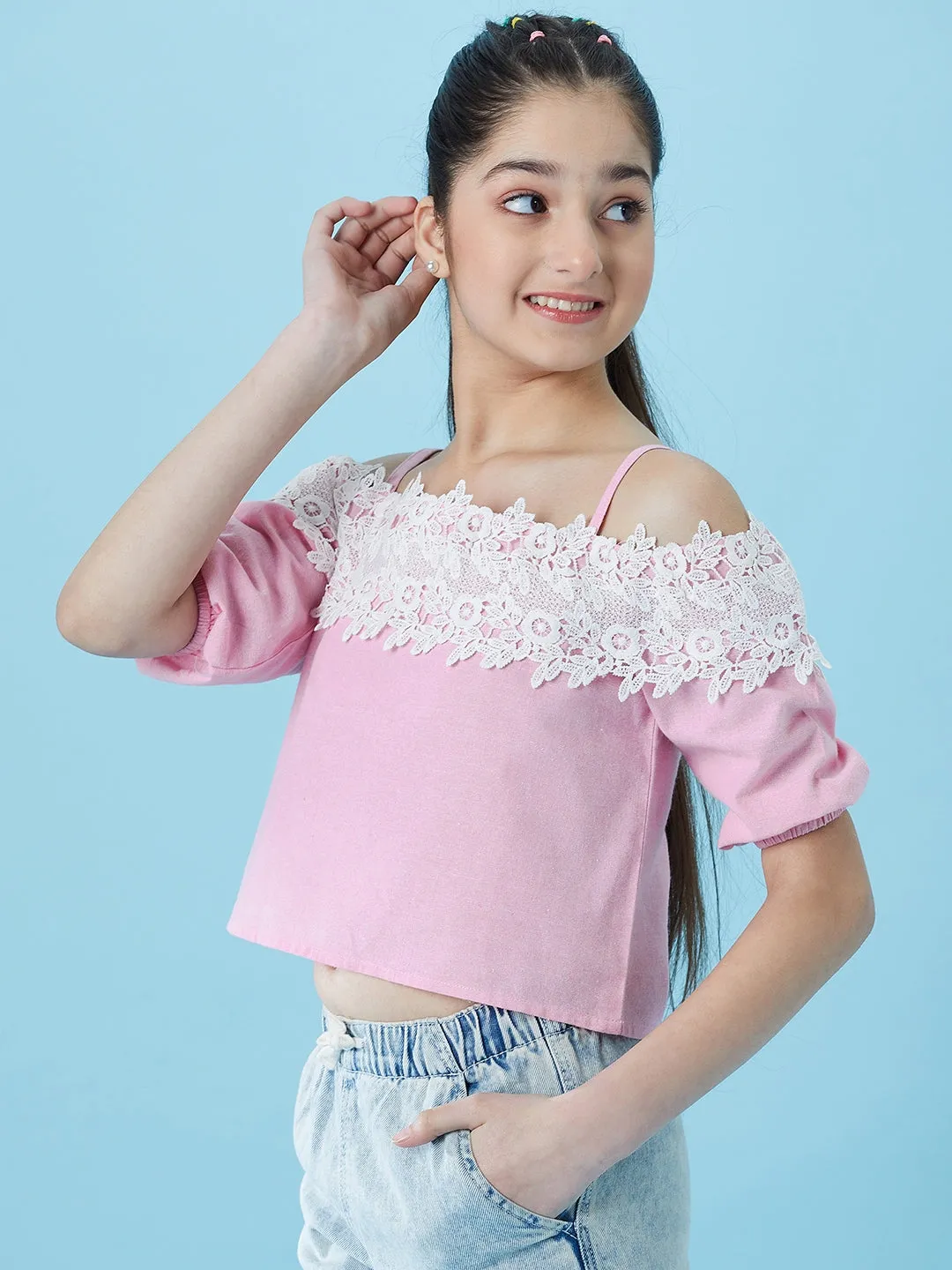 Girls Cold-Shoulder Sleeves Cotton Crop Top - Ps Peaches