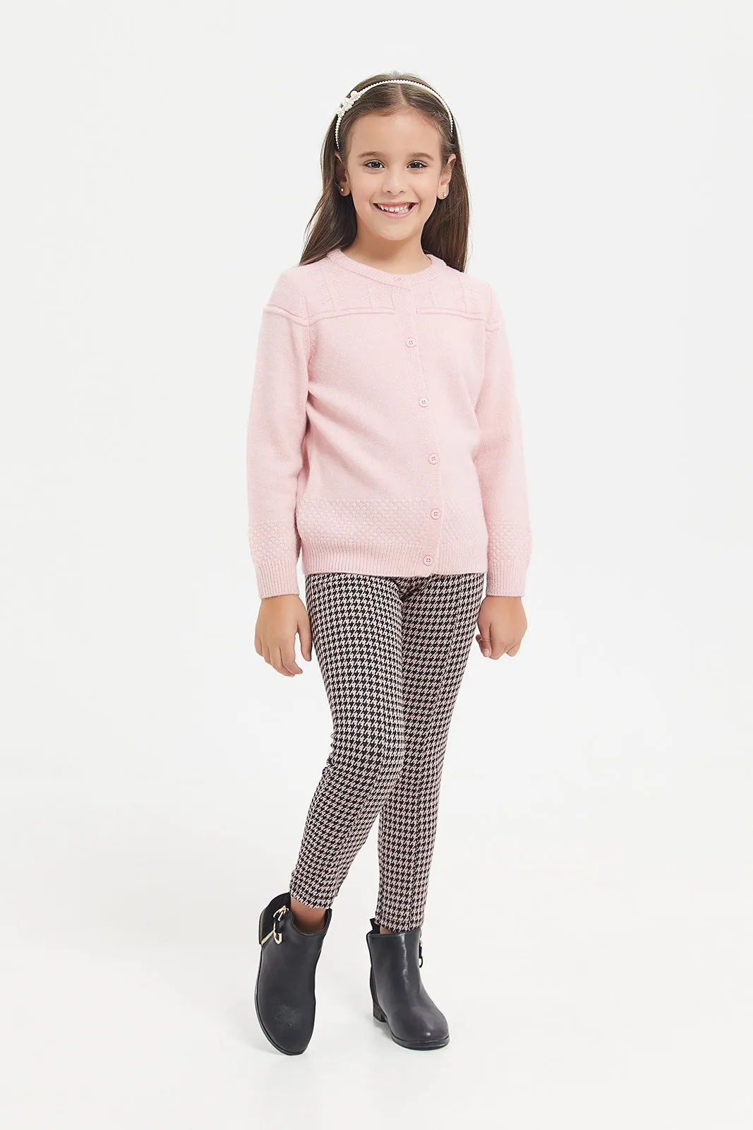 Girls Pink Embellished Check Pointe Leggings