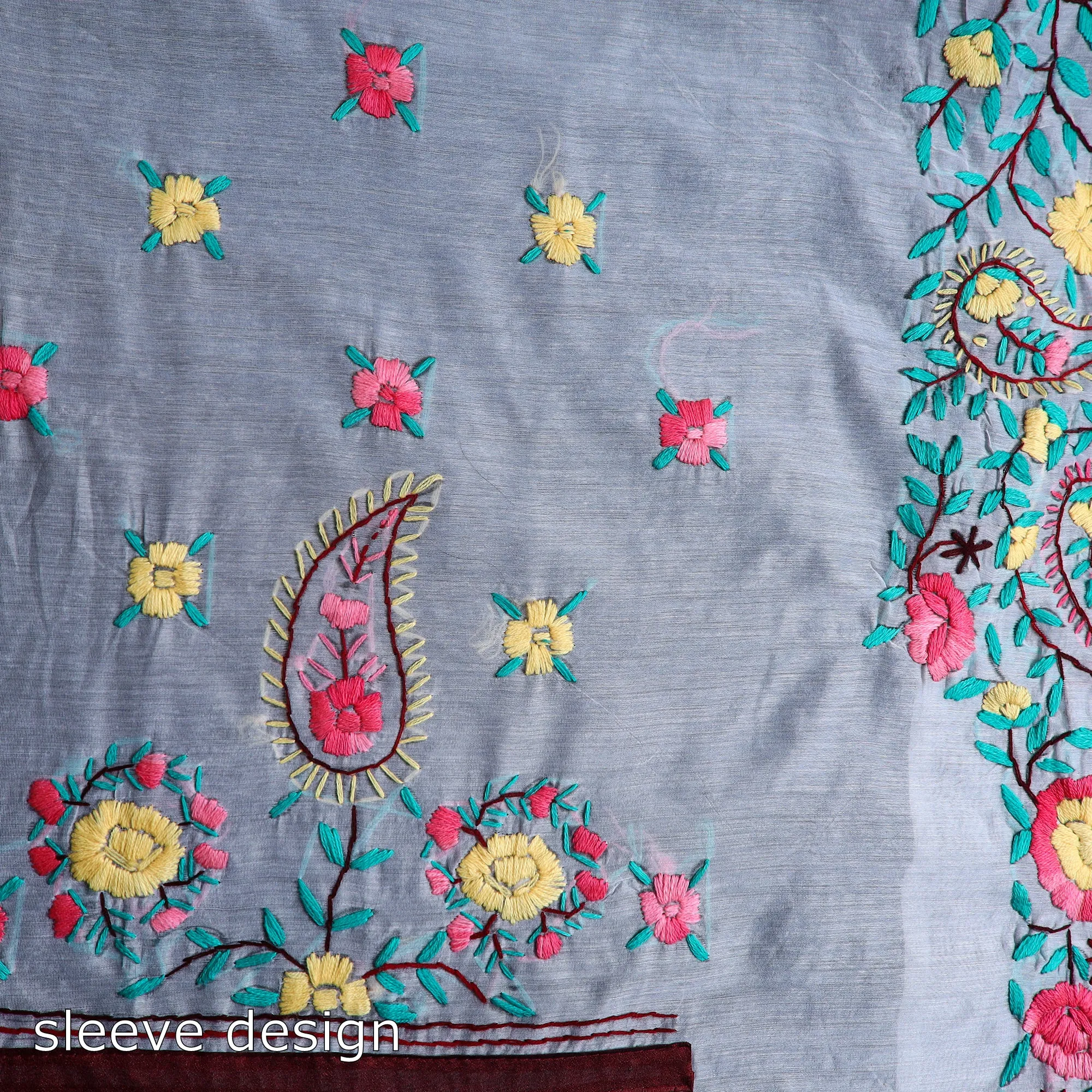 Grey - 3pc Hand Embroidery Chanderi Silk Phulkari Dress Material 78