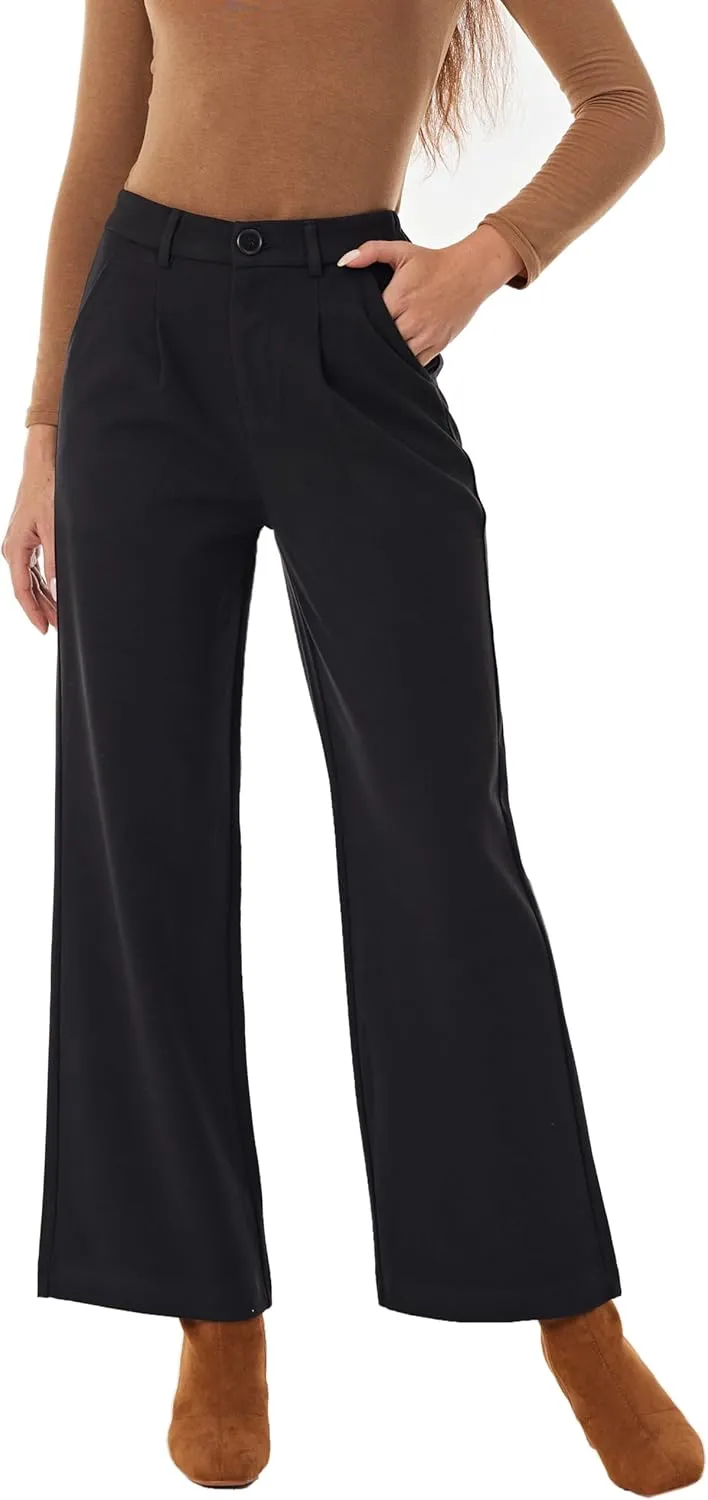 heipeiwa Women's Winter Fall Wool Blend Thick Warm Wide Leg Dress Business Casual Pants Trouser