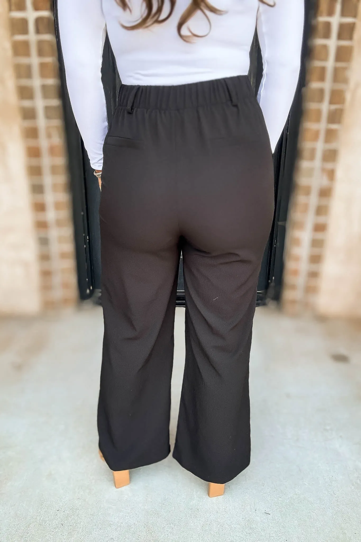 High Rise Black Elastic Back Wide Leg Pants