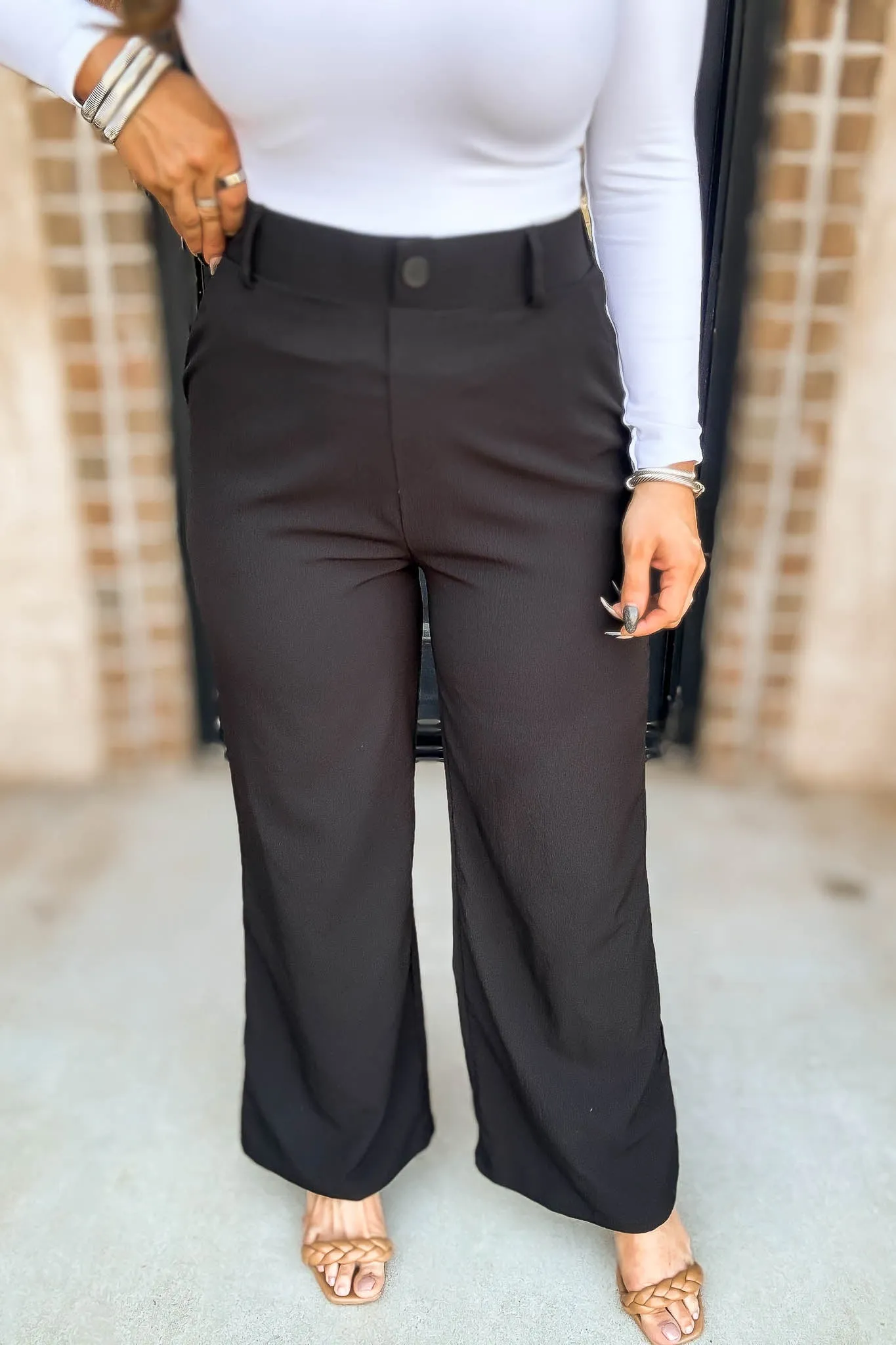 High Rise Black Elastic Back Wide Leg Pants