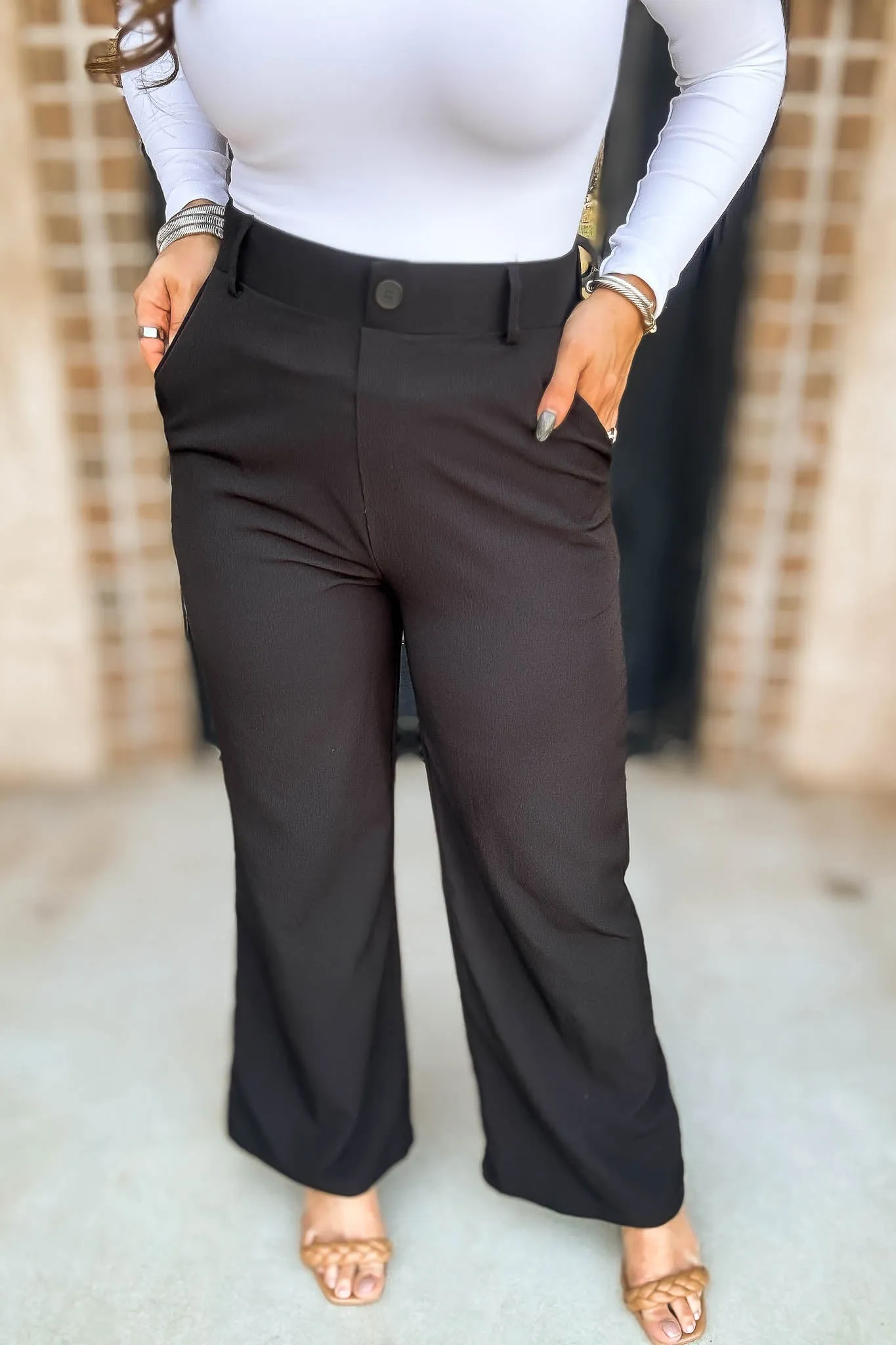High Rise Black Elastic Back Wide Leg Pants
