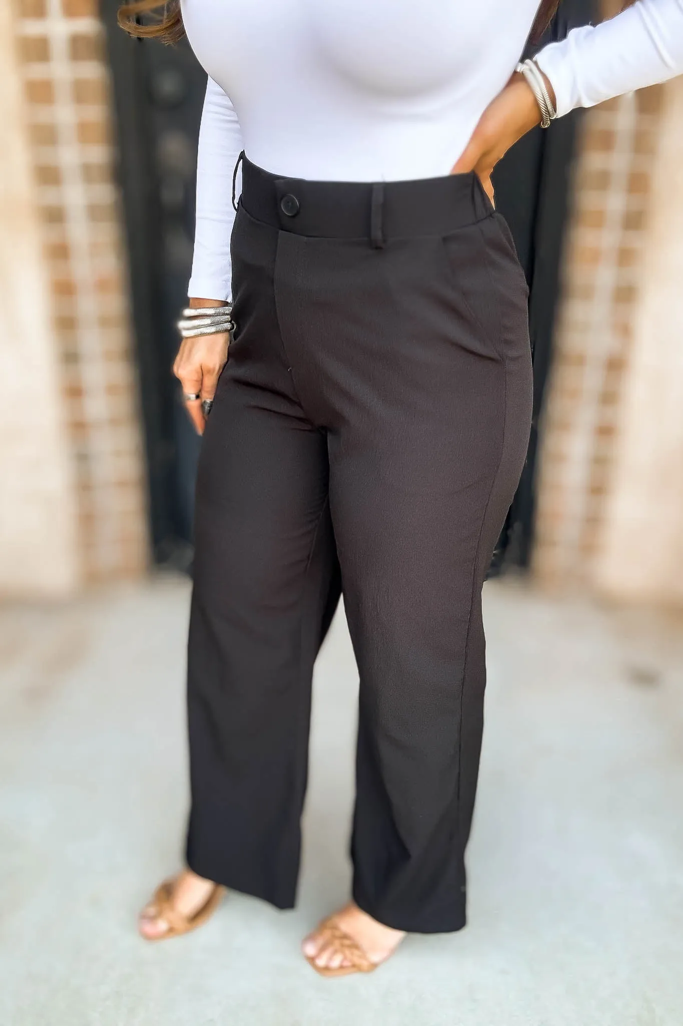 High Rise Black Elastic Back Wide Leg Pants