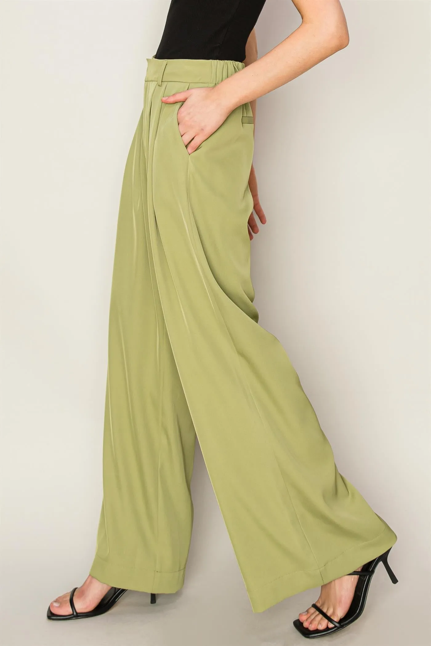 High Waist Pleated Olive Wide Leg Pants