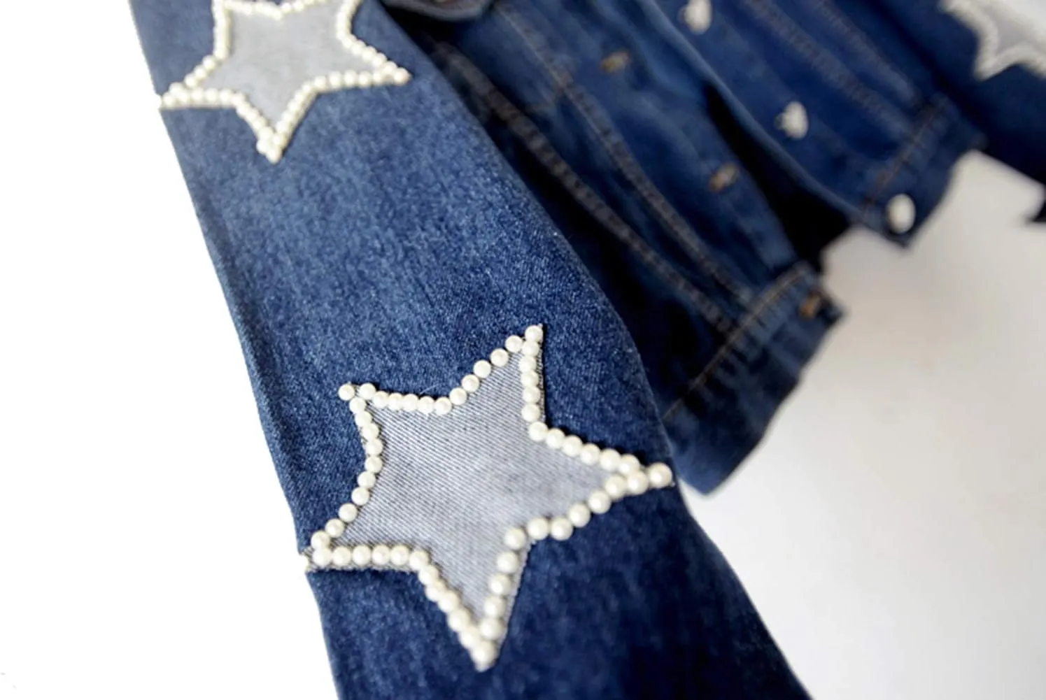 Kedera Women Pearls Beading Denim Jacket Long Sleeve Button Down Distressed Ripped Jean Coat