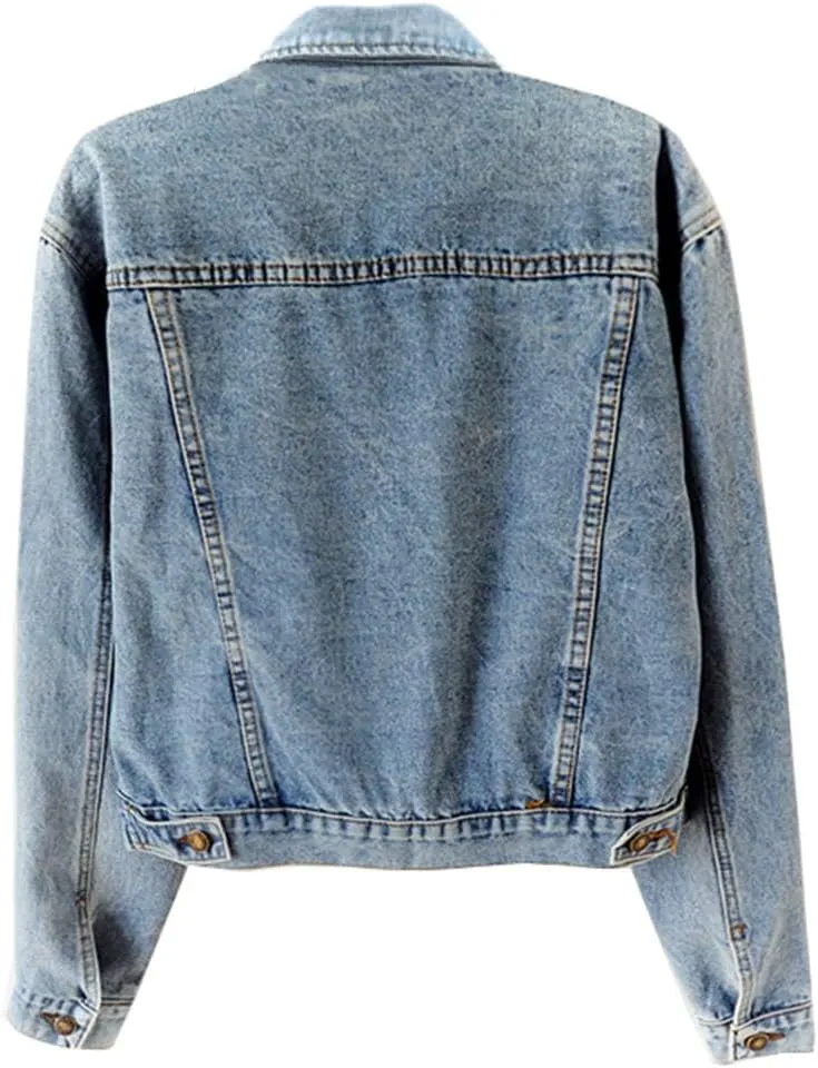 Kedera Women Pearls Beading Denim Jacket Long Sleeve Button Down Distressed Ripped Jean Coat
